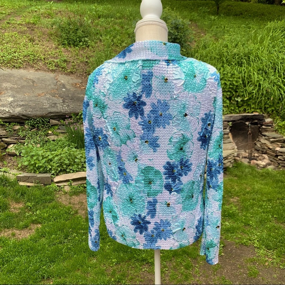Two piece popcorn top and jacket blue green floral design Guessing L-XL - Picture 3 of 16